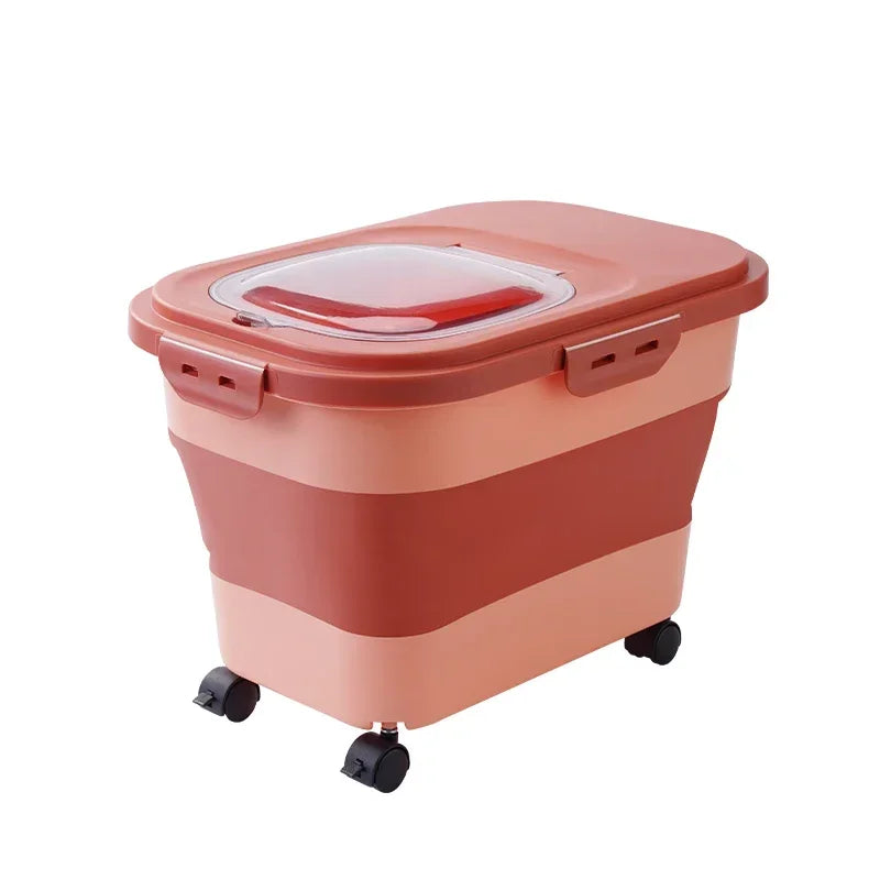 A pink collapsible airtight pet food storage container with a sealed lid on wheels.