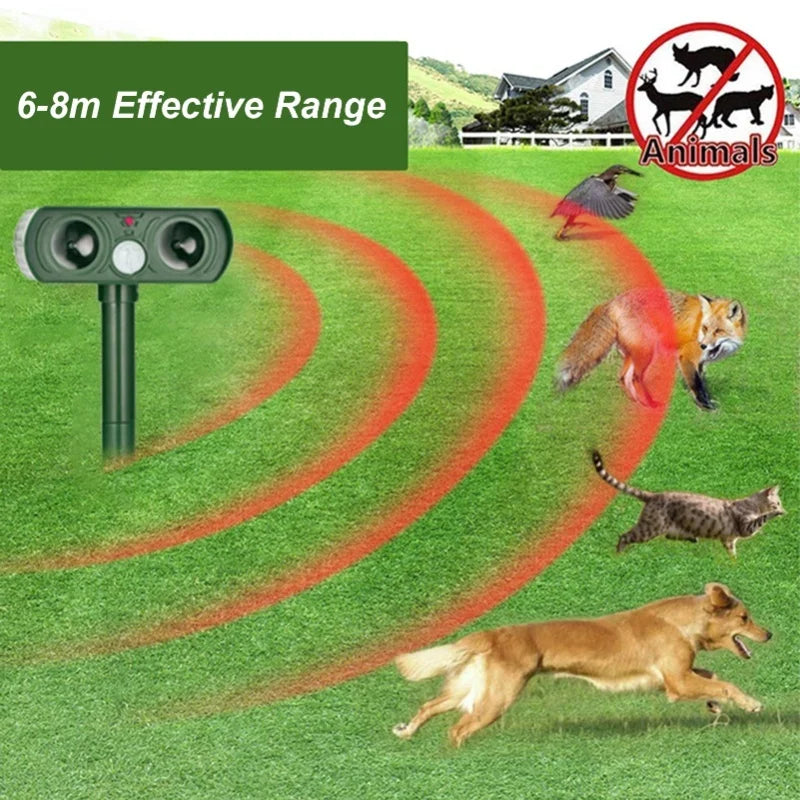 A solar-powered ultrasonic animal repeller device emitting a red light cone, demonstrating its 6-8m effective range against v