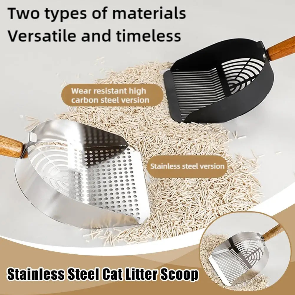 Two types of versatile and timeless cat litter scoops: a wear resistant high carbon steel version and a stainless steel versi