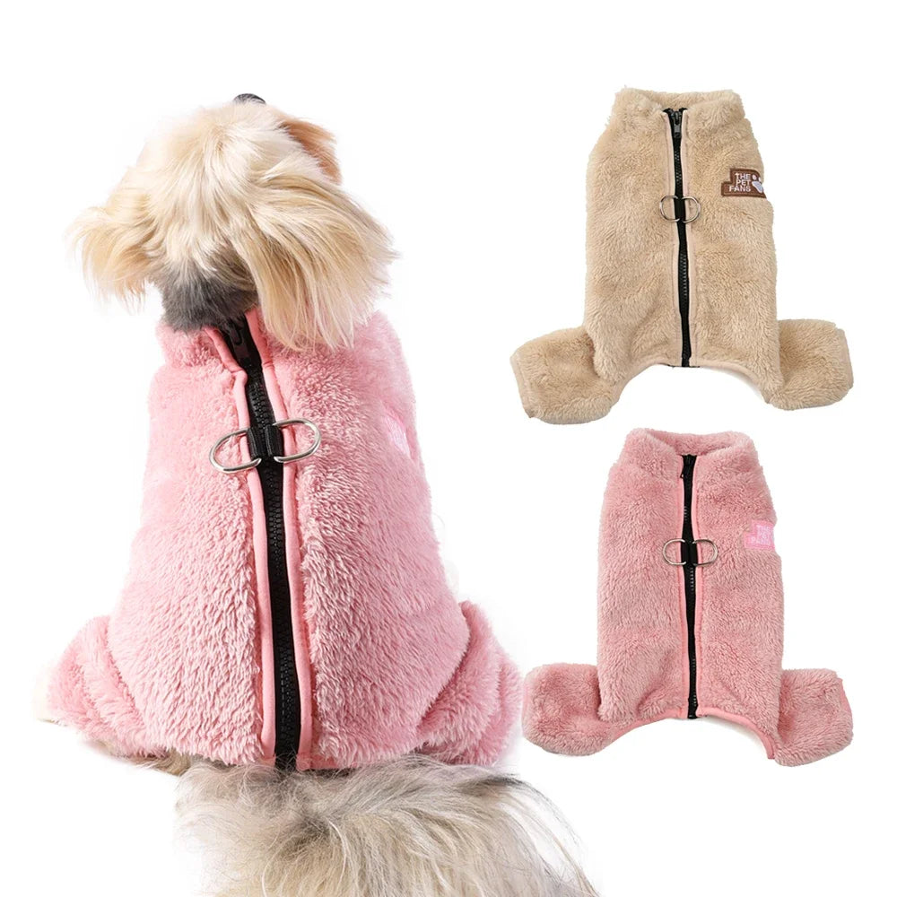 A pink fleece dog jumpsuit with a zipper and matching ears is shown alongside a tan version.