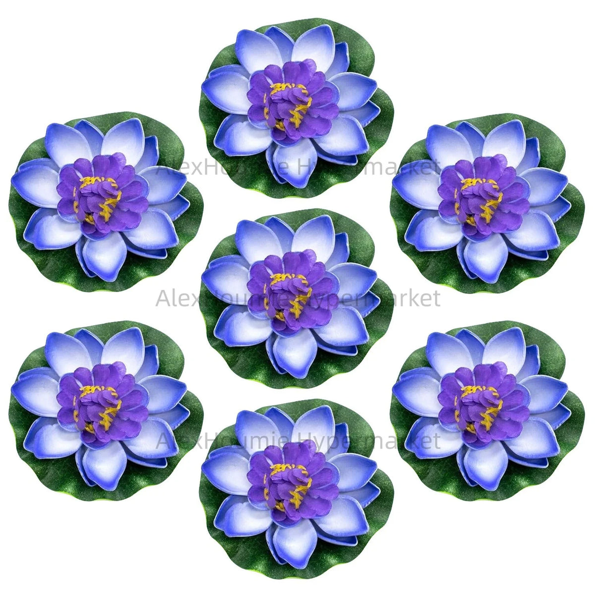 A set of seven floating foam lotus flowers with purple and blue petals resting on green water lily pads.