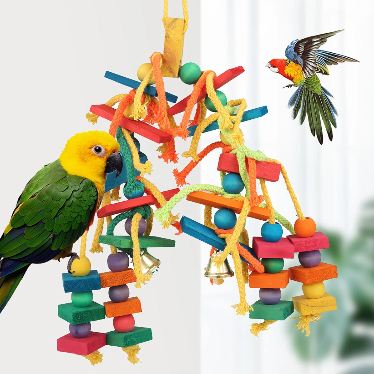 Colorful Wooden Bead and Rope Parrot Chew Toy with Hanging Hook
