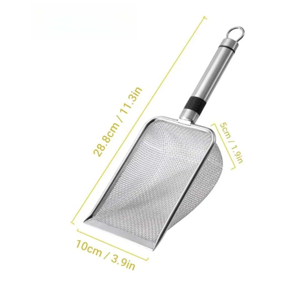 Stainless steel cat litter scoop with a long handle and a mesh bowl.