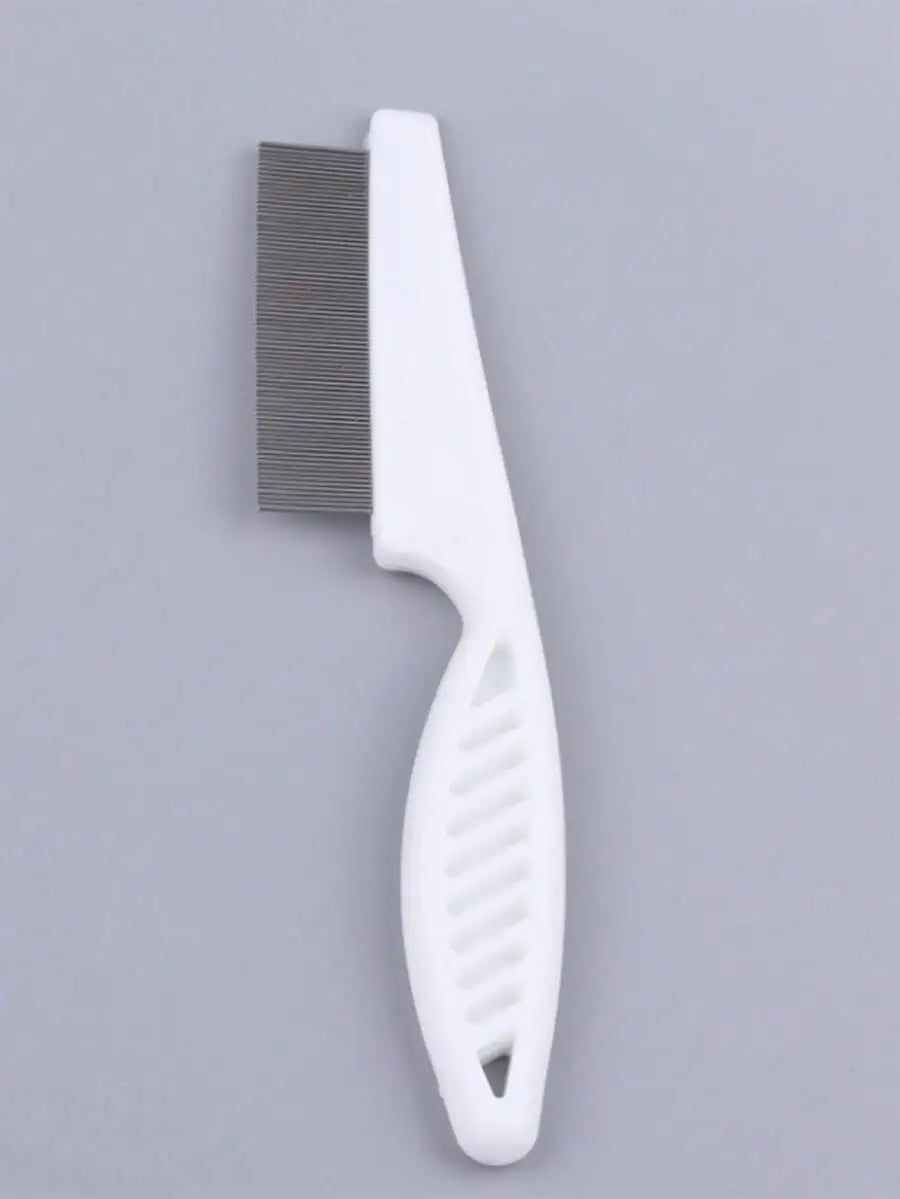 A white fine-toothed stainless steel pet grooming comb with a curved handle and teeth is shown against a light gray backgroun