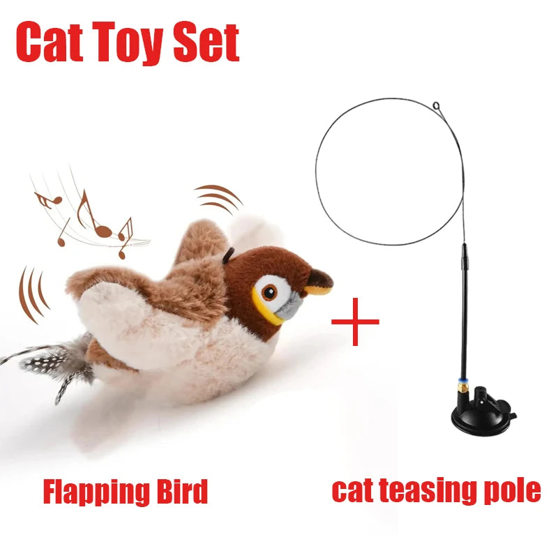 A fluffy brown and white flapping bird toy combined with a cat teasing pole for an interactive cat toy set.