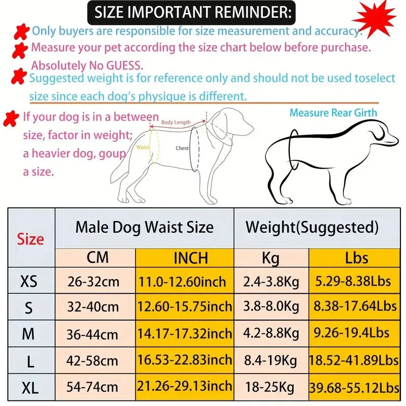 A size chart for reusable dog belly bands showing measurements in centimeters, inches, and pounds for various sizes.