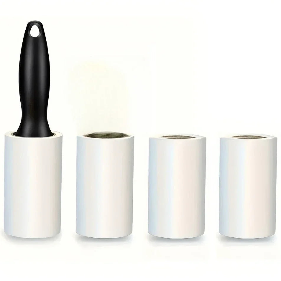 A black lint roller with a white cylindrical roller is shown for pet hair removal.