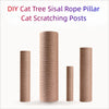 Four cylindrical sisal rope pillars used as cat scratching posts for a cat tree.