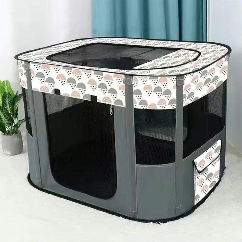 A gray folding cozy cat tent bed with a patterned fabric cover and mesh window.