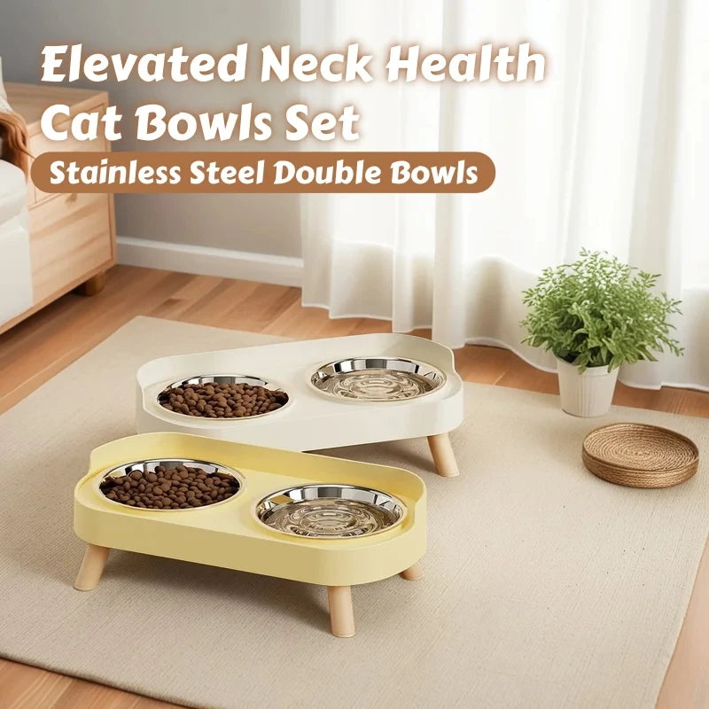 A set of elevated cat bowls featuring stainless steel double bowls, displayed on a light wood surface.
