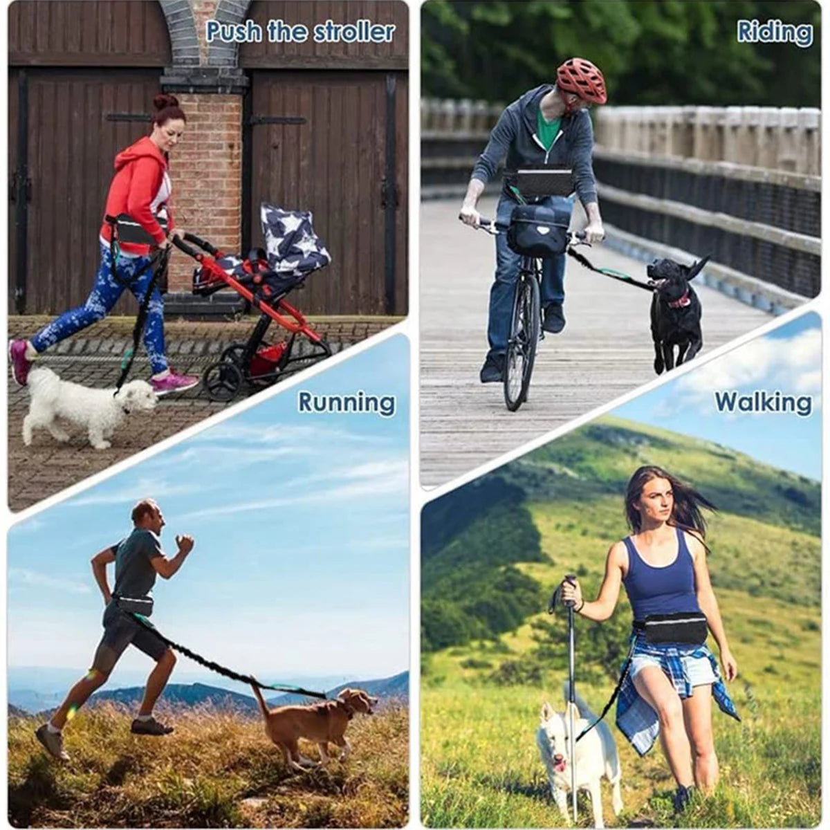 A collage showing various activities with a hands-free dog leash and waist bag including pushing a stroller, riding, running,