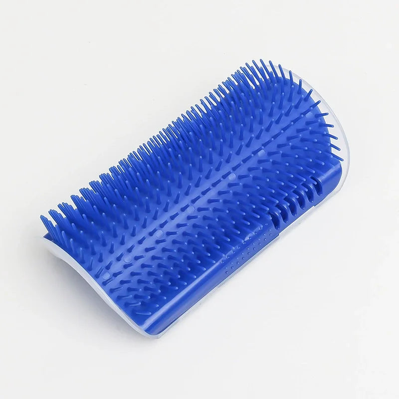 A blue cat corner scratcher and massage brush with numerous short, stiff bristles.