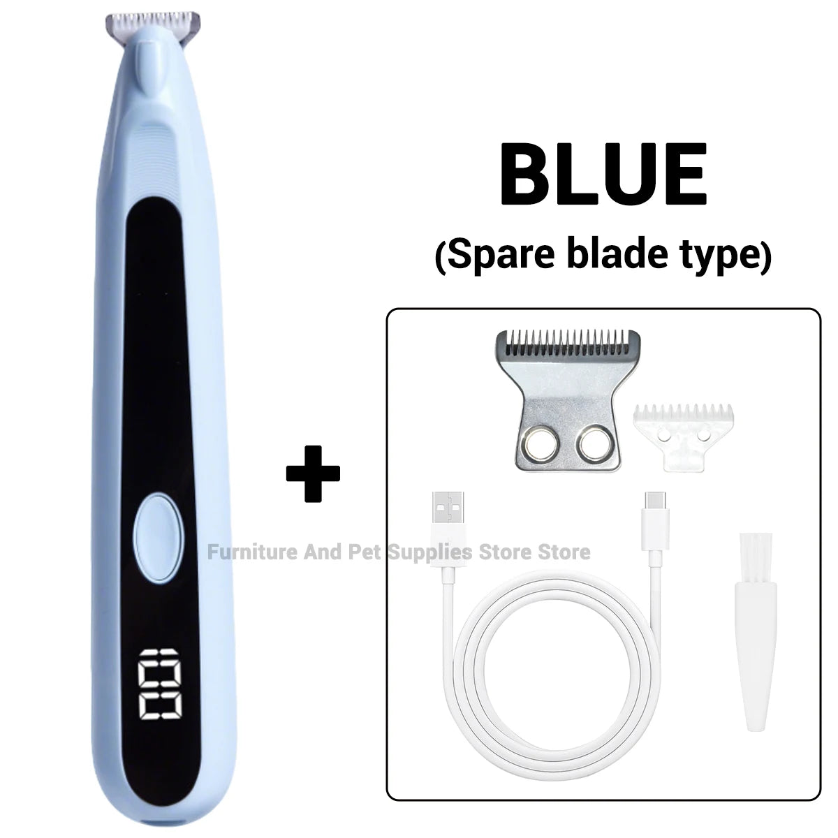 Blauer elektrischer Haartrimmer mit Ersatzklingen und Ladekabel auf weißem Hintergrund