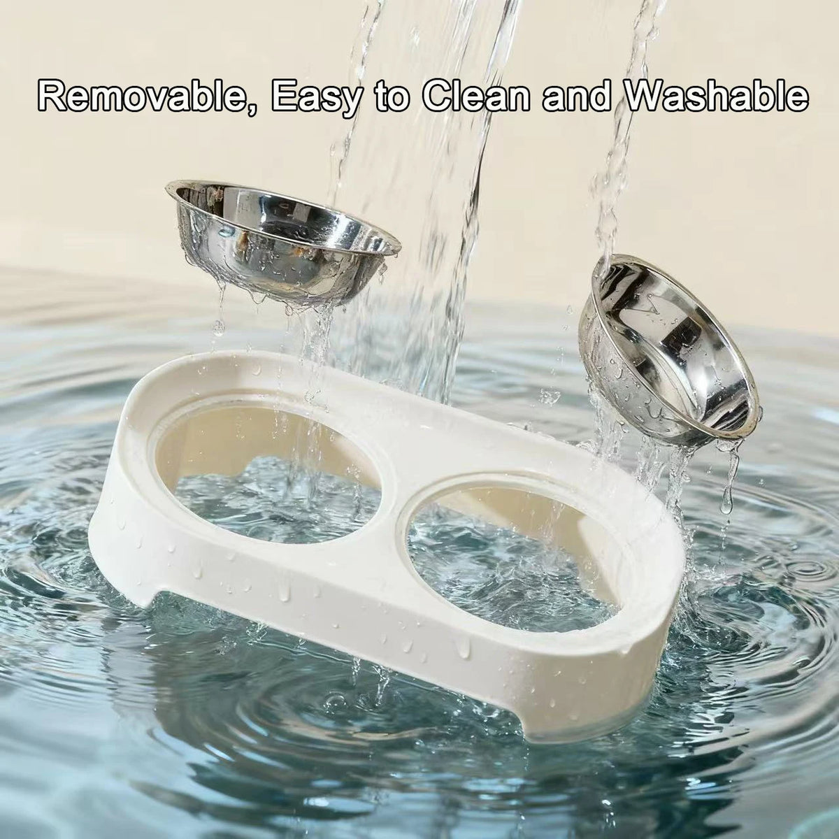 A white elevated feeder stand with two stainless steel bowls is being rinsed under running water.