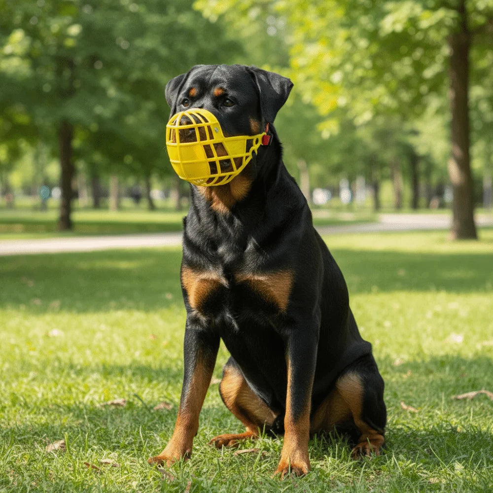 A black and tan Labrador dog is sitting in green grass holding a yellow bite-resistant dog muzzle.