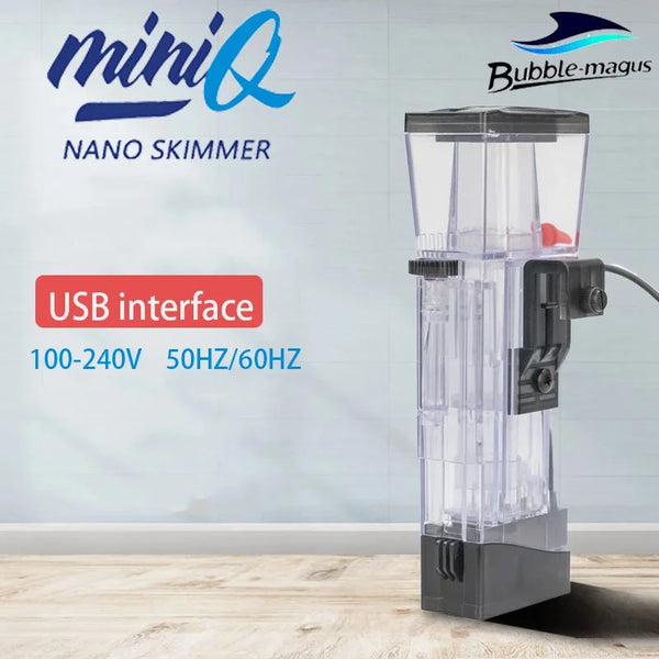 A clear plastic Nano Skimmer device with a gray base and USB interface is shown on a wooden surface.