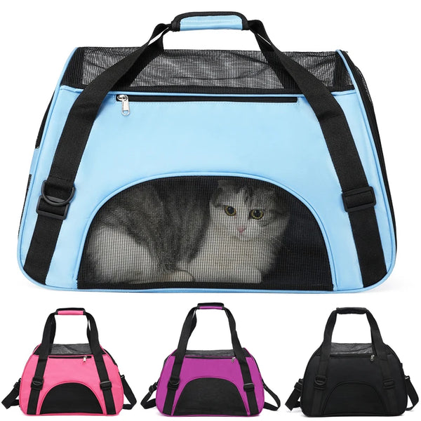 A collection of soft-sided portable pet carriers in pink, purple, and black.