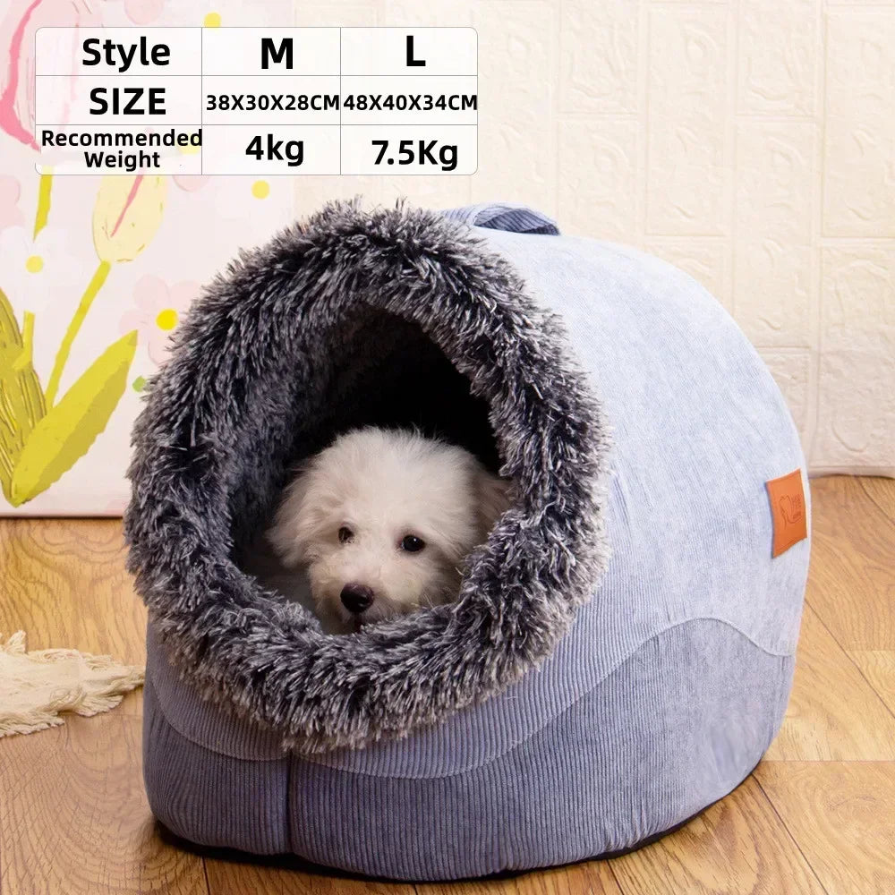 A fluffy white dog is peeking out of a gray plush pet nest bed with a thick fur lining.