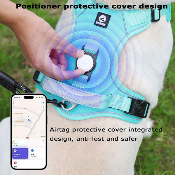A dog wearing a blue harness with an Airtag protective cover design being held by a person.