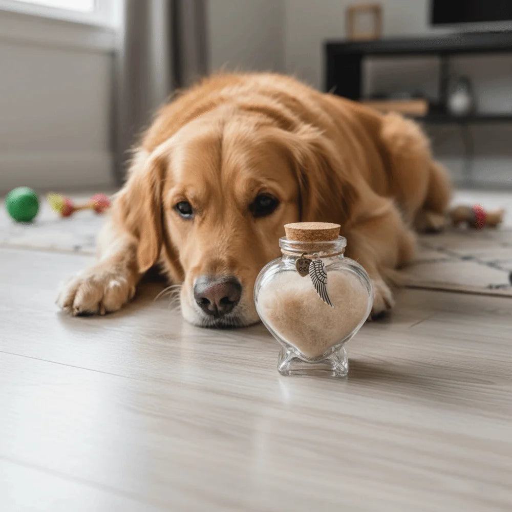 A golden retriever lies on a wooden surface next to a glass jar filled with pet hair.
