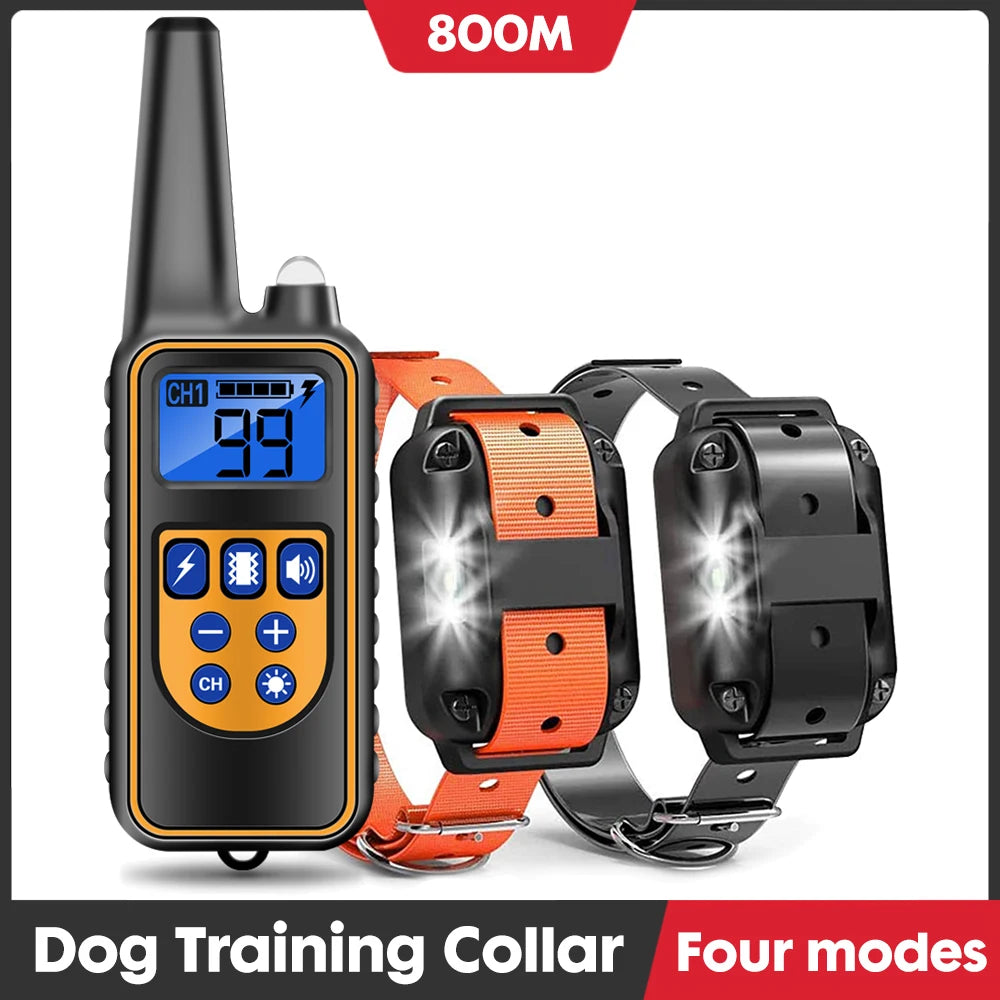 Black remote dog training collar with orange strap showing a digital display and four modes.