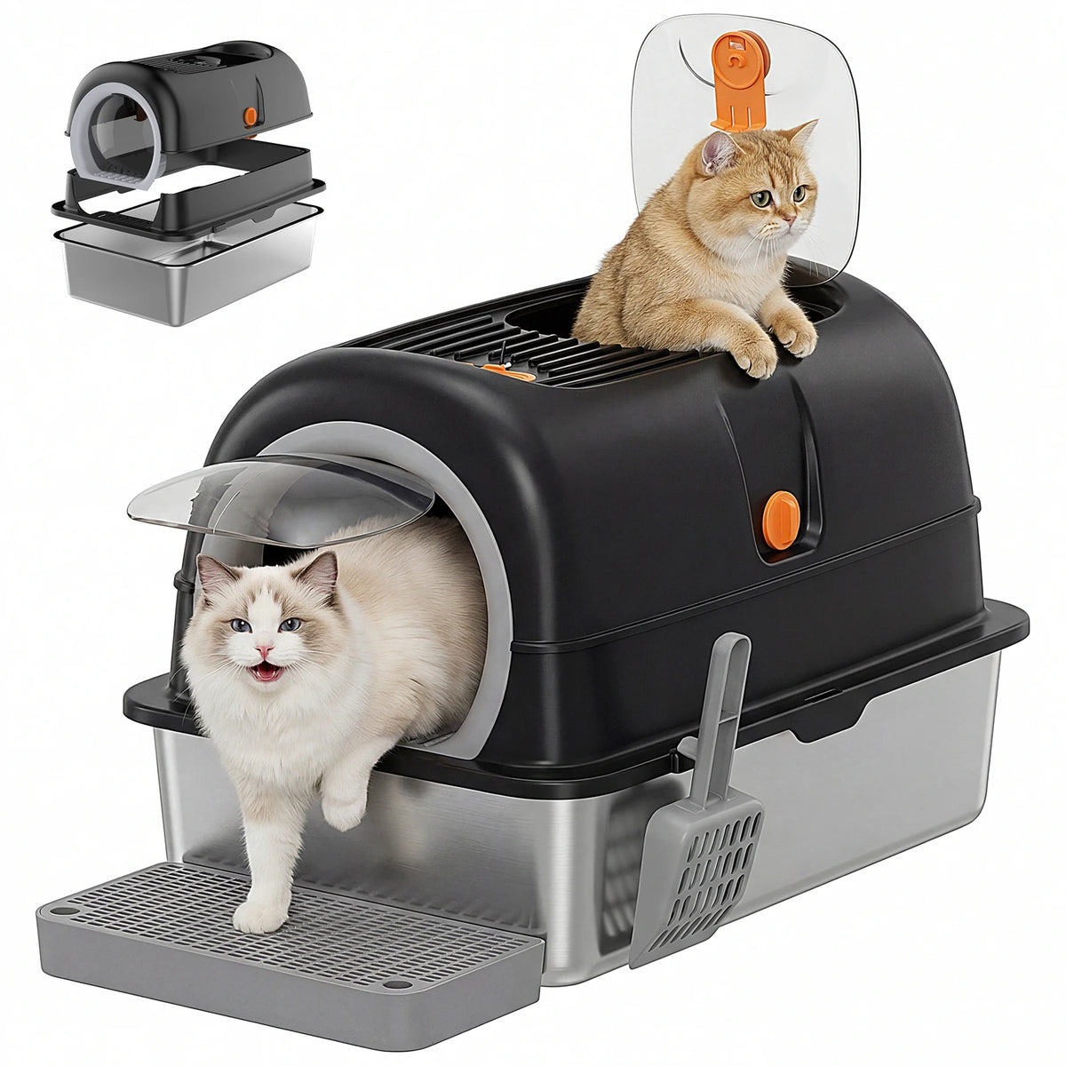 A black stainless steel cat litter box with a transparent lid and an orange lever, featuring a cat inside.