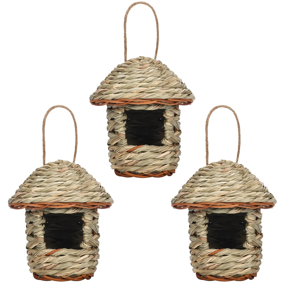 Handwoven natural grass bird nest with a woven texture and a round roof.