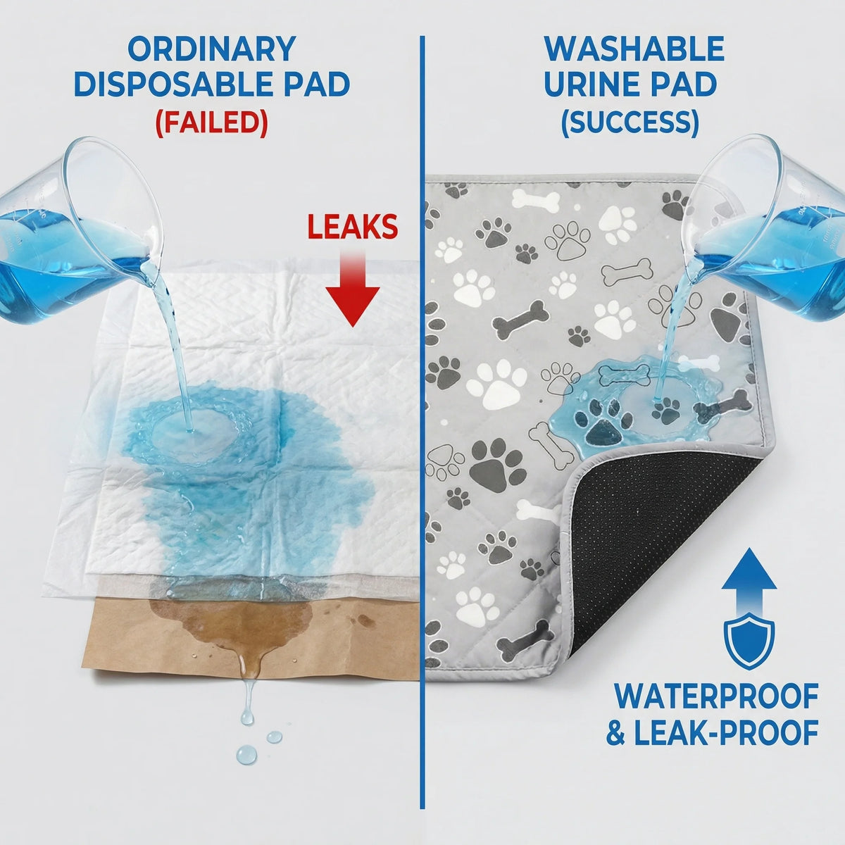 Comparison showing a failed ordinary disposable pad leaking and a successful washable urine pad absorbing liquid.
