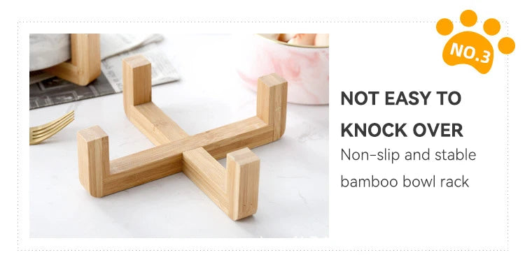 Wooden bowl rack made of bamboo for holding pet bowls, shown on a white surface.