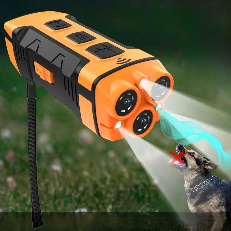 An orange ultrasonic dog repeller with an LED flashlight is shown firing a beam at a dog.