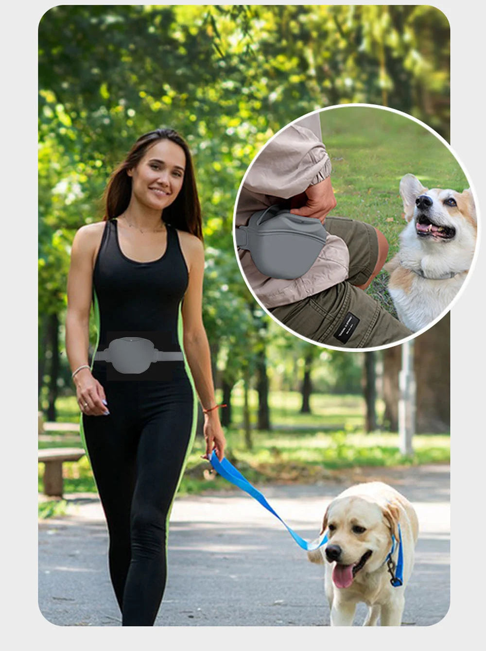 A woman is walking a golden retriever on a leash, with a portable silicone dog treat pouch visible on her waist.
