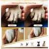 Before and after comparison of a dog's paw nails showing the effect of a wooden-handle nail file.