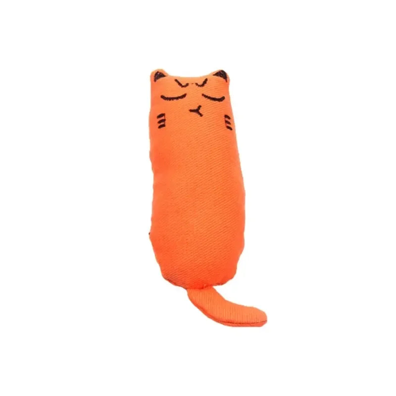 An orange cat-shaped chew pillow toy for kittens and stress relief.