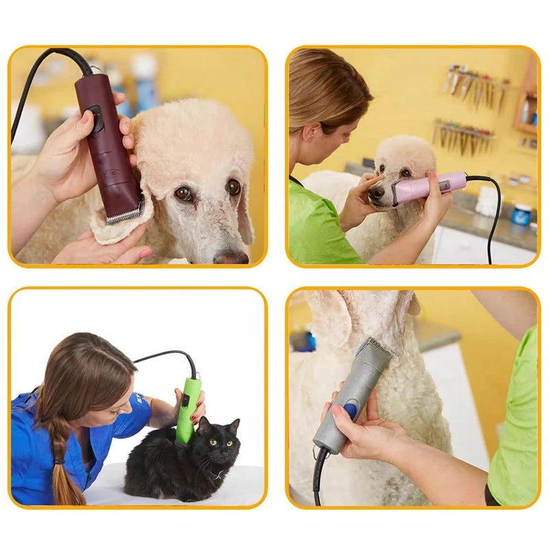 Four images showing a pet grooming tool used to clip a dog and a cat.