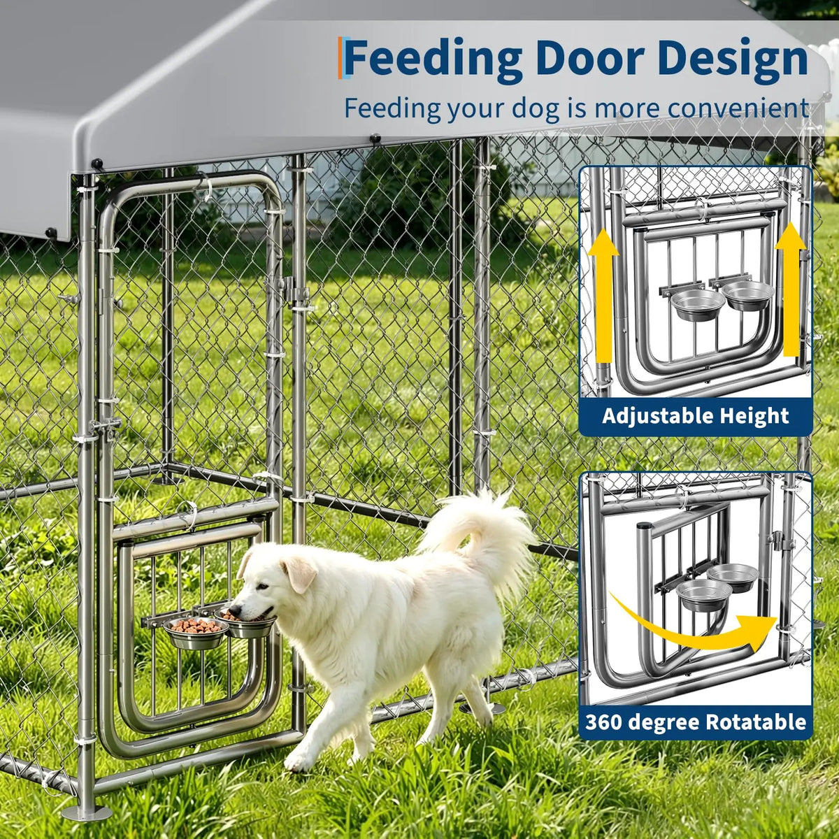 A white dog is feeding from a adjustable and rotatable metal feeding door on an outdoor kennel with a waterproof cover.