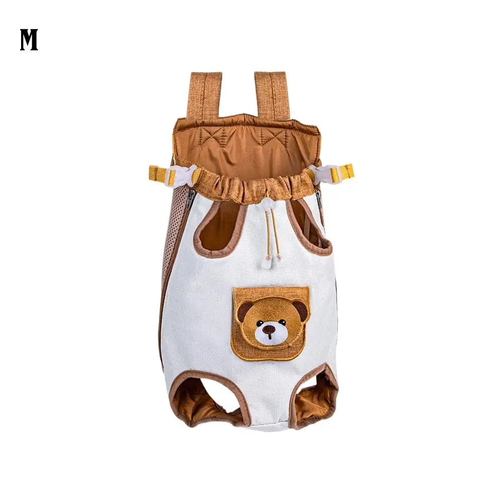 A beige and white breathable cat carrier backpack with a safety leash and a bear face design.