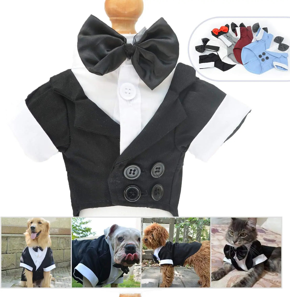 A classic pet tuxedo featuring a black bow tie and jacket for dogs and cats.