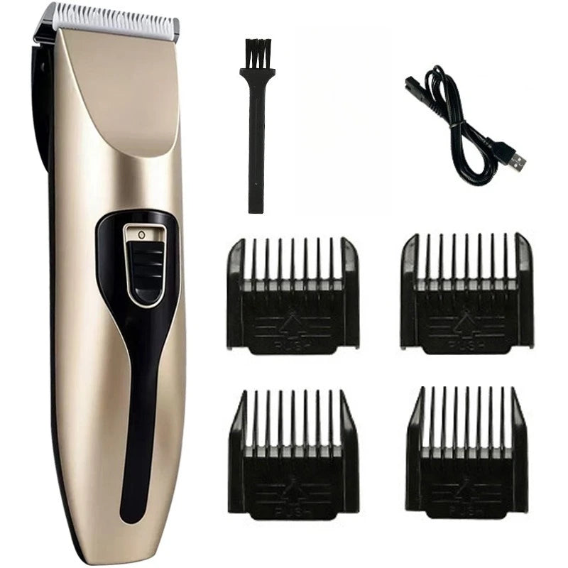 A cordless pet grooming clipper in a gold and black finish with various attachments shown.