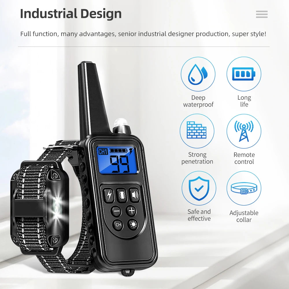 A black waterproof remote dog training collar and its accompanying rechargeable transmitter are displayed on a white surface.