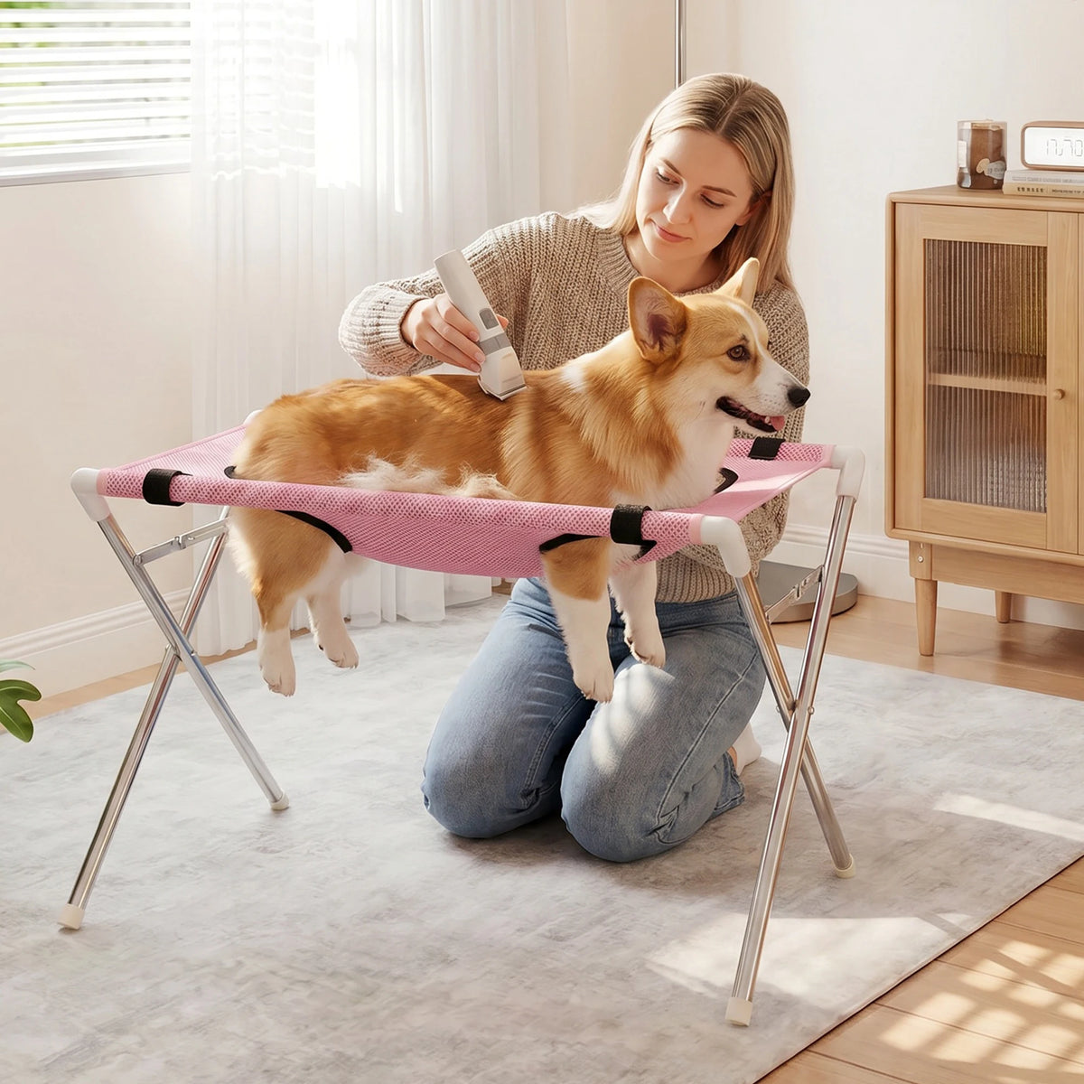 Foldable Pet Grooming Hammock Stand with Breathable Mesh