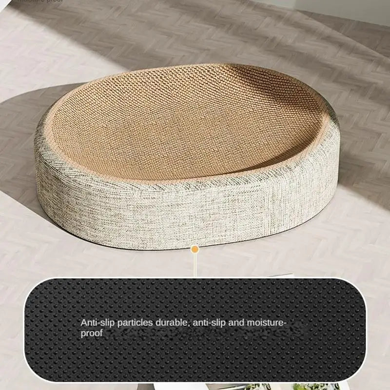 Oval cat scratching board and lounging nest made of woven natural fiber with an anti-slip surface