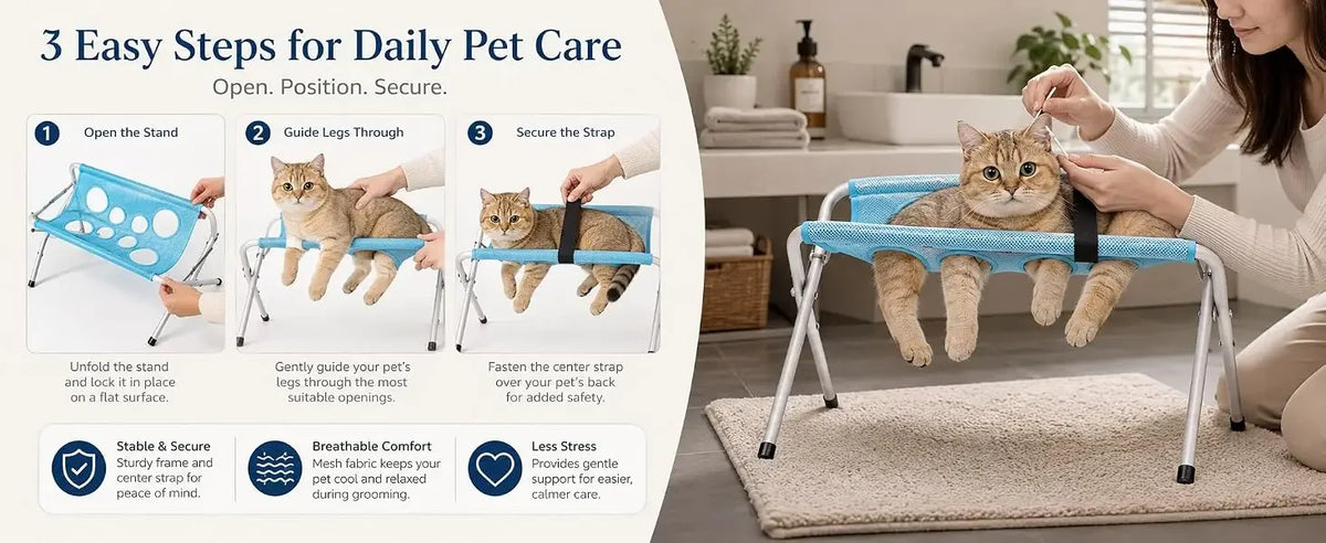 Instructions showing three easy steps for using a foldable pet grooming hammock for daily pet care.