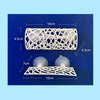 A white aquarium tunnel hideout structure with a mesh design shown in various dimensions.