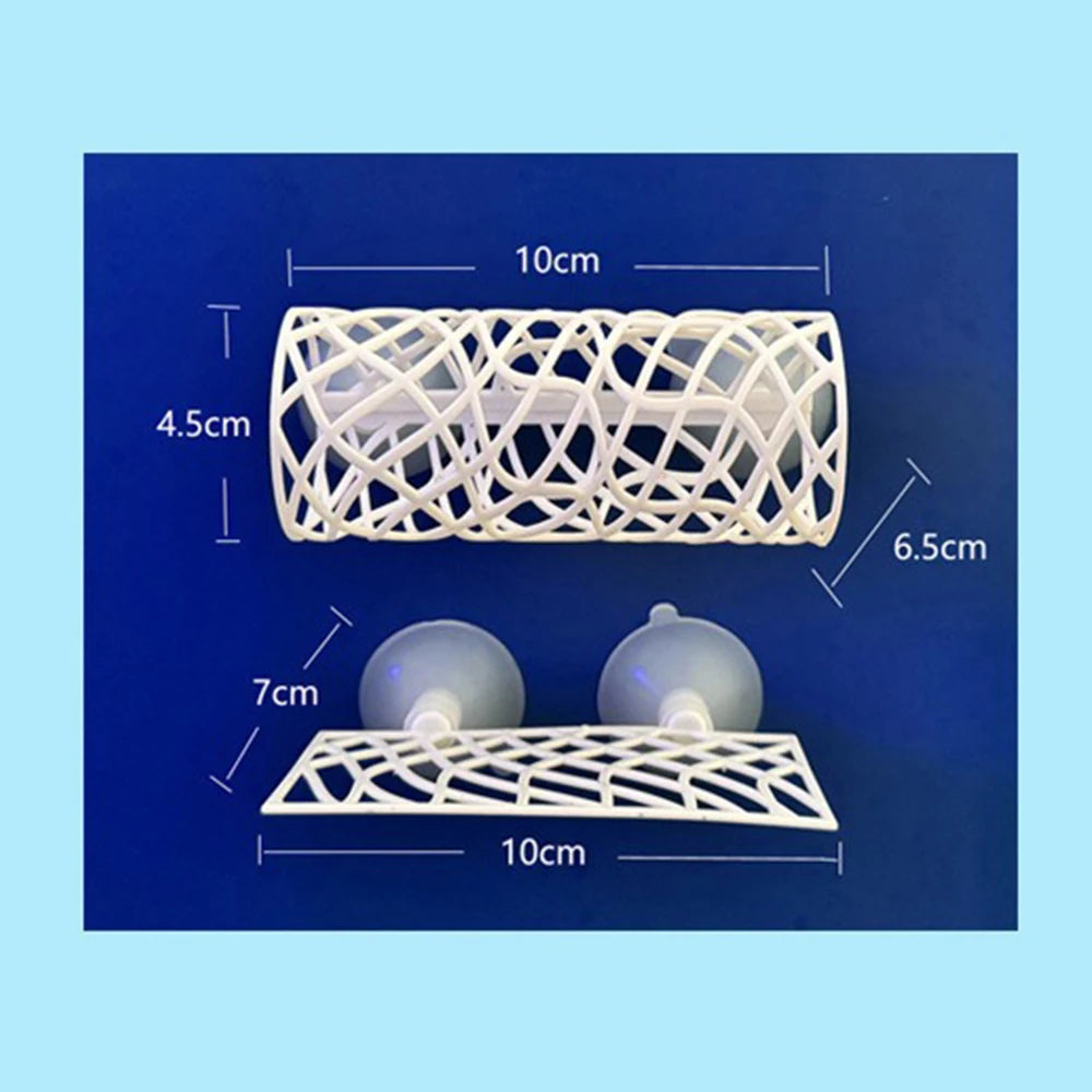 A white aquarium tunnel hideout structure with a mesh design shown in various dimensions.