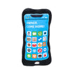 A black plush toy shaped like a smartphone with various icons on the screen.