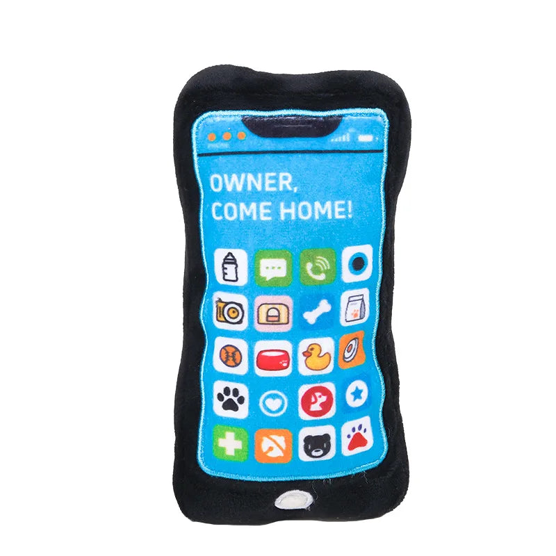 A black plush toy shaped like a smartphone with various icons on the screen.
