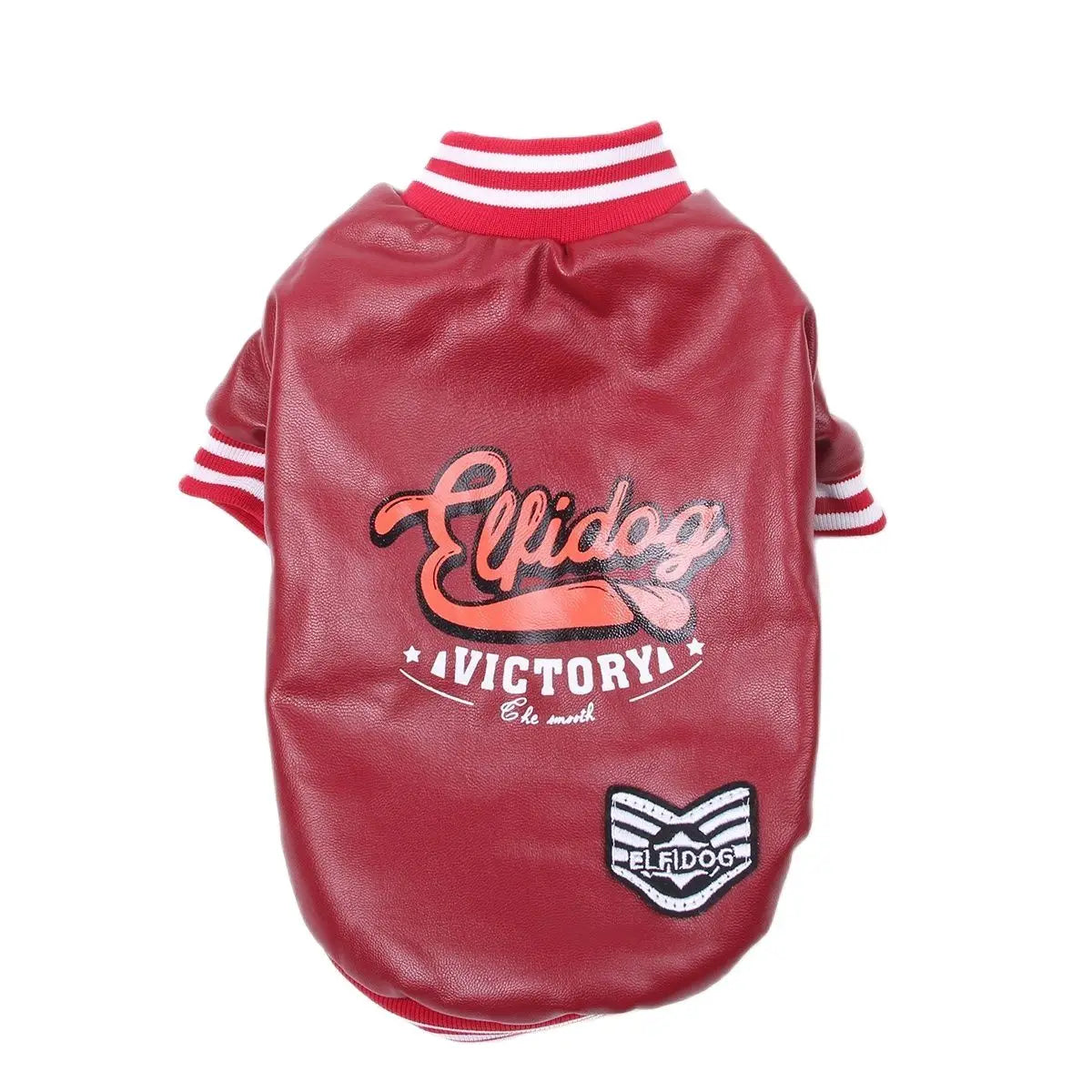 A maroon faux leather dog coat with red and white striped trim.