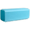 A light blue silicone pet hair remover brush with a textured surface.