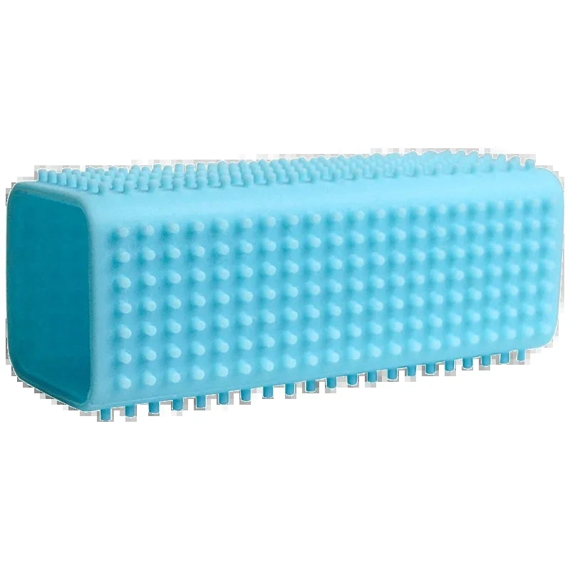 A light blue silicone pet hair remover brush with a textured surface.