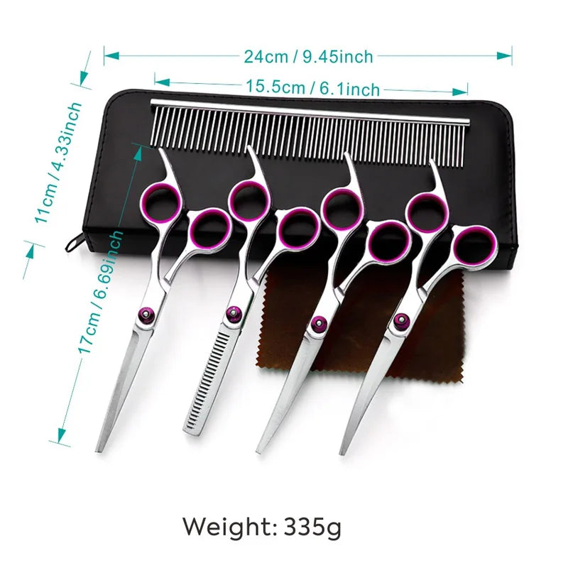A set of professional stainless steel pet grooming scissors and a comb displayed on a black background.